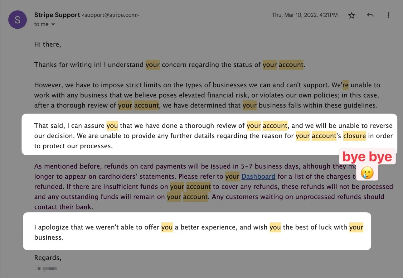 Stripe support email about permanent ban